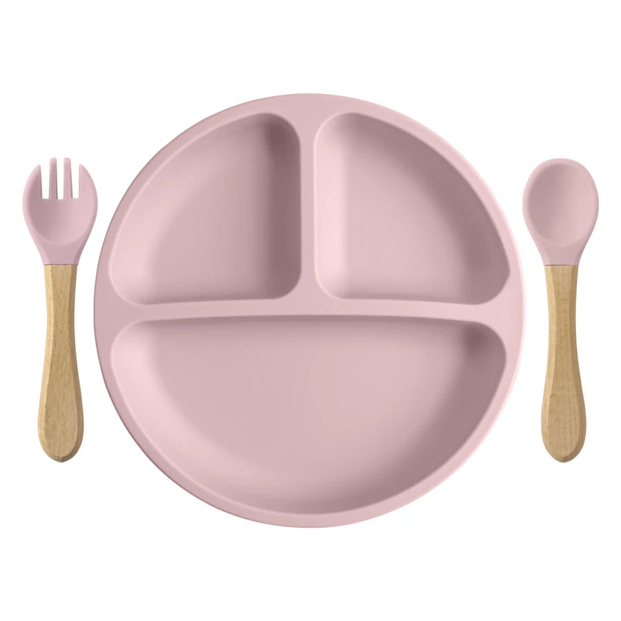 3PCS Silicone Children Tableware Baby Feeding Set Silicone Dinner Plate Wood Handle Spoon Fork BPA Free Baby Training Tableware