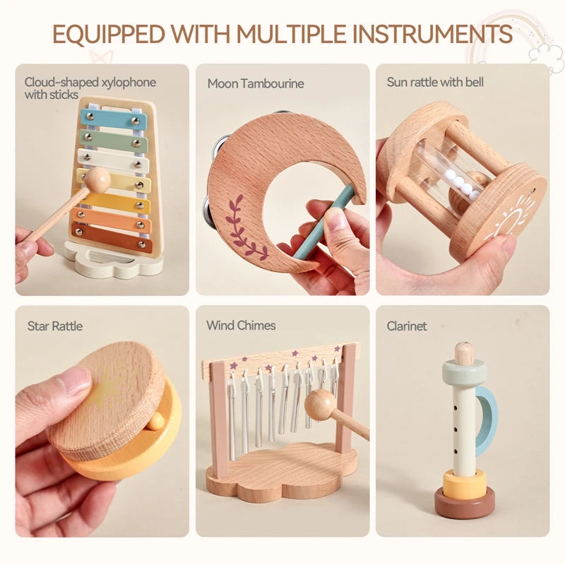 1Set Musical Instruments with Gift Box Baby Music Starter Toy Wooden Montessori Musical Toy Early 0-12 Months Baby Education Toy