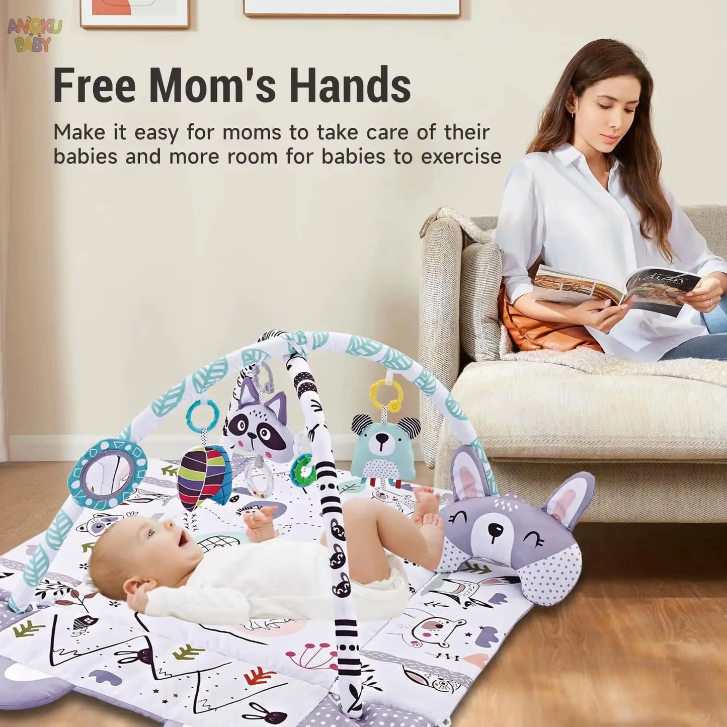 4 in 1 Baby Activity Gym Foldable Baby Playmats and Gyms with Mirror & Pillow Thick Educational Mat Fit Newborn to 36 Months