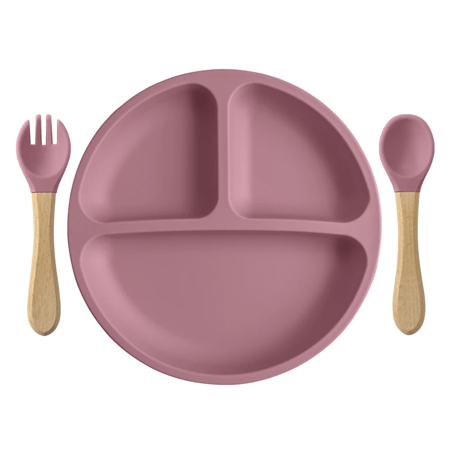 3PCS Silicone Children Tableware Baby Feeding Set Silicone Dinner Plate Wood Handle Spoon Fork BPA Free Baby Training Tableware