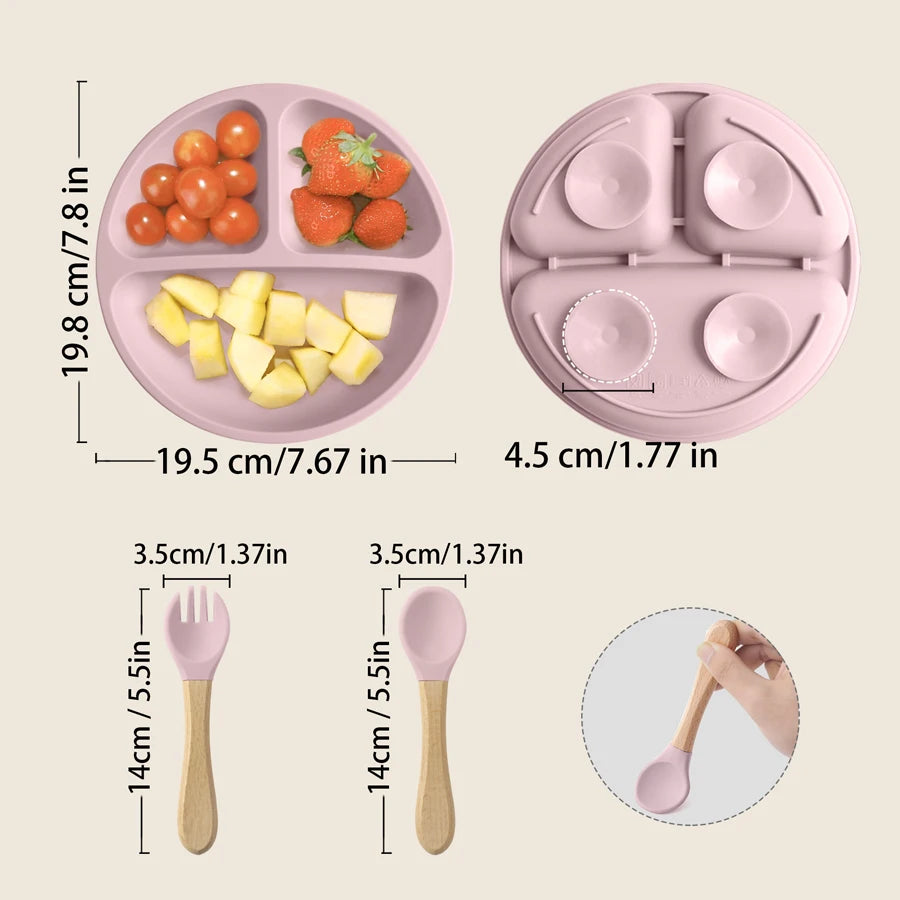 3PCS Silicone Children Tableware Baby Feeding Set Silicone Dinner Plate Wood Handle Spoon Fork BPA Free Baby Training Tableware