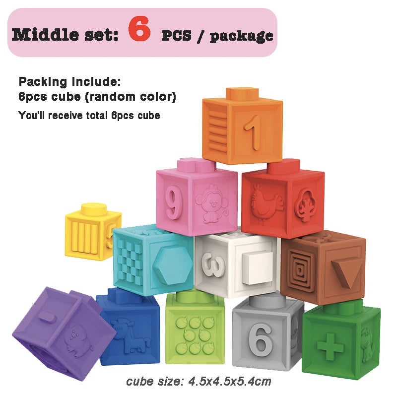 12/6/3Pcs Soft Building Blocks Montessori Toddlers Early Education Squeeze Stacker Cube Blocks Toy Children Baby Bath Toys