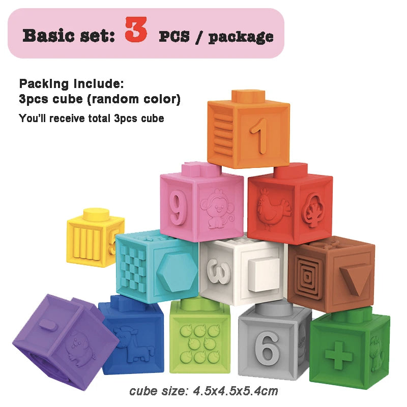 12/6/3Pcs Soft Building Blocks Montessori Toddlers Early Education Squeeze Stacker Cube Blocks Toy Children Baby Bath Toys