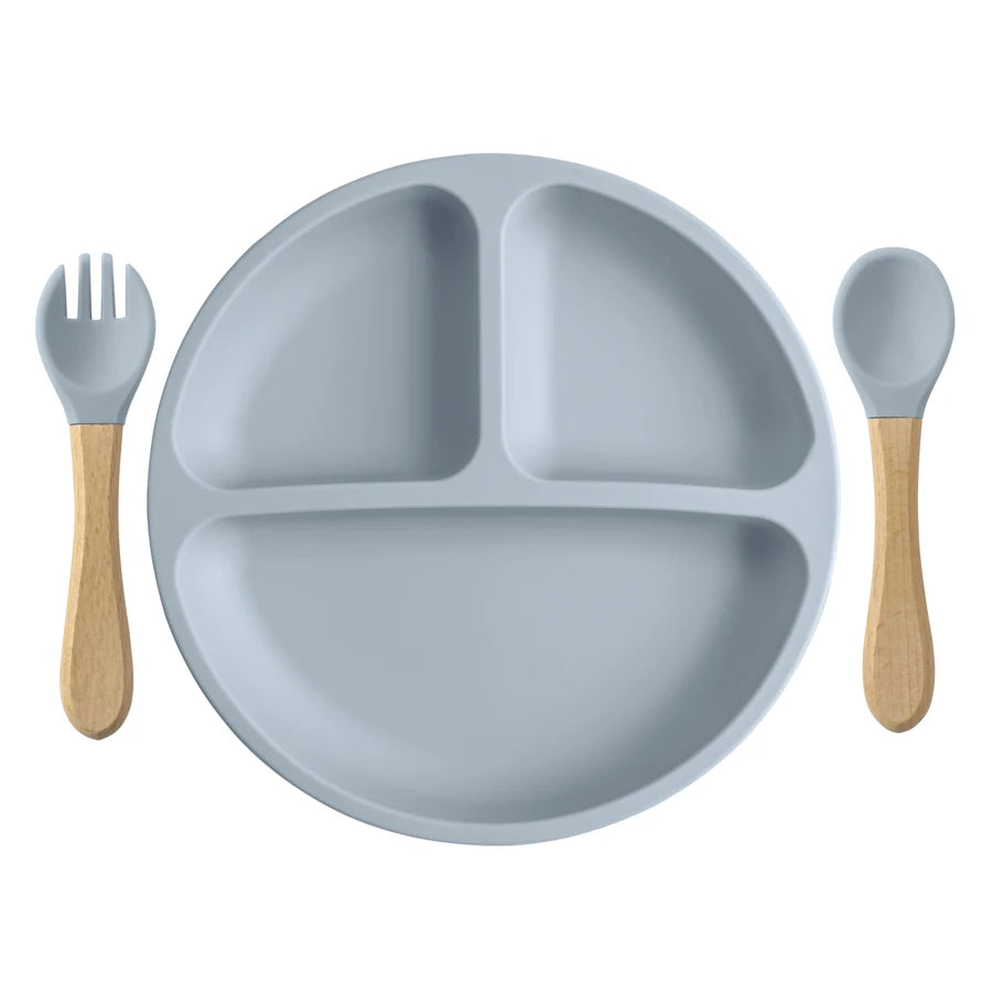 3PCS Silicone Children Tableware Baby Feeding Set Silicone Dinner Plate Wood Handle Spoon Fork BPA Free Baby Training Tableware