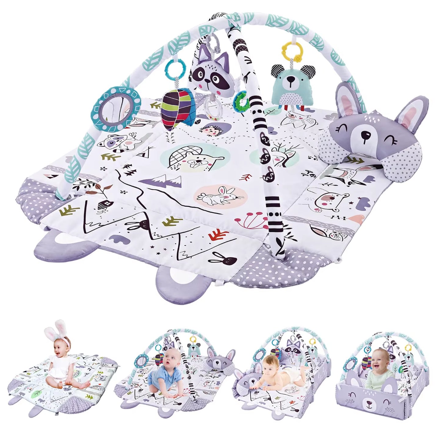 4 in 1 Baby Activity Gym Foldable Baby Playmats and Gyms with Mirror & Pillow Thick Educational Mat Fit Newborn to 36 Months