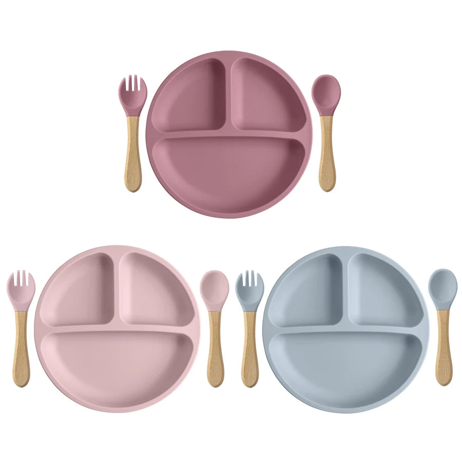 3PCS Silicone Children Tableware Baby Feeding Set Silicone Dinner Plate Wood Handle Spoon Fork BPA Free Baby Training Tableware