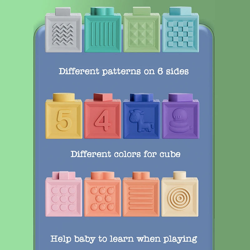 12/6/3Pcs Soft Building Blocks Montessori Toddlers Early Education Squeeze Stacker Cube Blocks Toy Children Baby Bath Toys