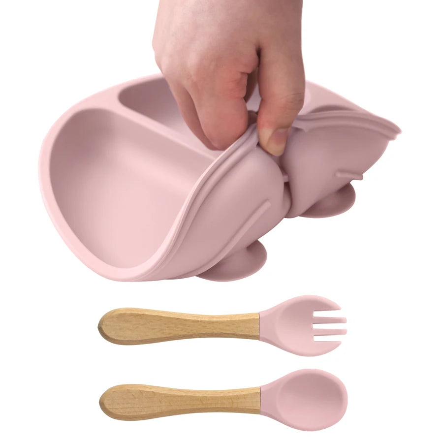 3PCS Silicone Children Tableware Baby Feeding Set Silicone Dinner Plate Wood Handle Spoon Fork BPA Free Baby Training Tableware
