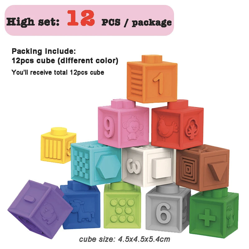 12/6/3Pcs Soft Building Blocks Montessori Toddlers Early Education Squeeze Stacker Cube Blocks Toy Children Baby Bath Toys