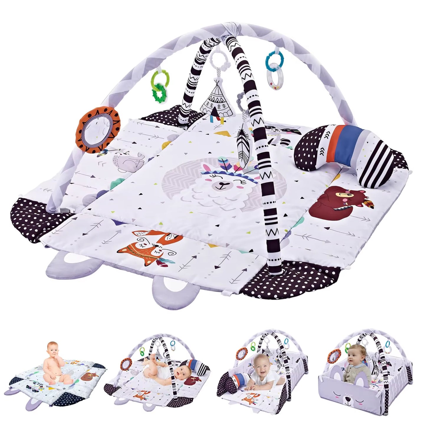4 in 1 Baby Activity Gym Foldable Baby Playmats and Gyms with Mirror & Pillow Thick Educational Mat Fit Newborn to 36 Months