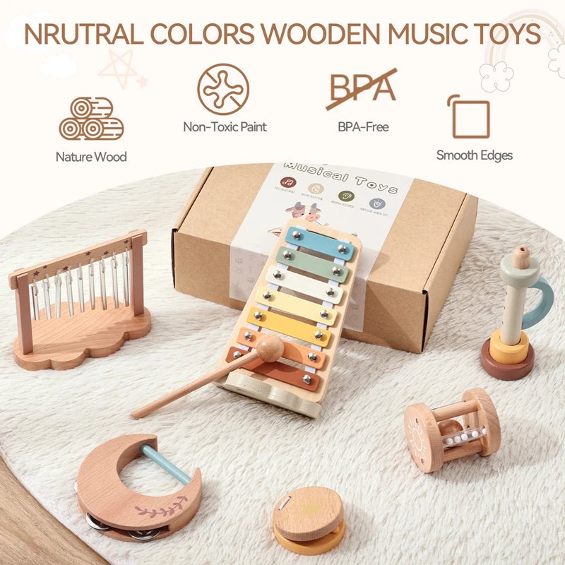 1Set Musical Instruments with Gift Box Baby Music Starter Toy Wooden Montessori Musical Toy Early 0-12 Months Baby Education Toy