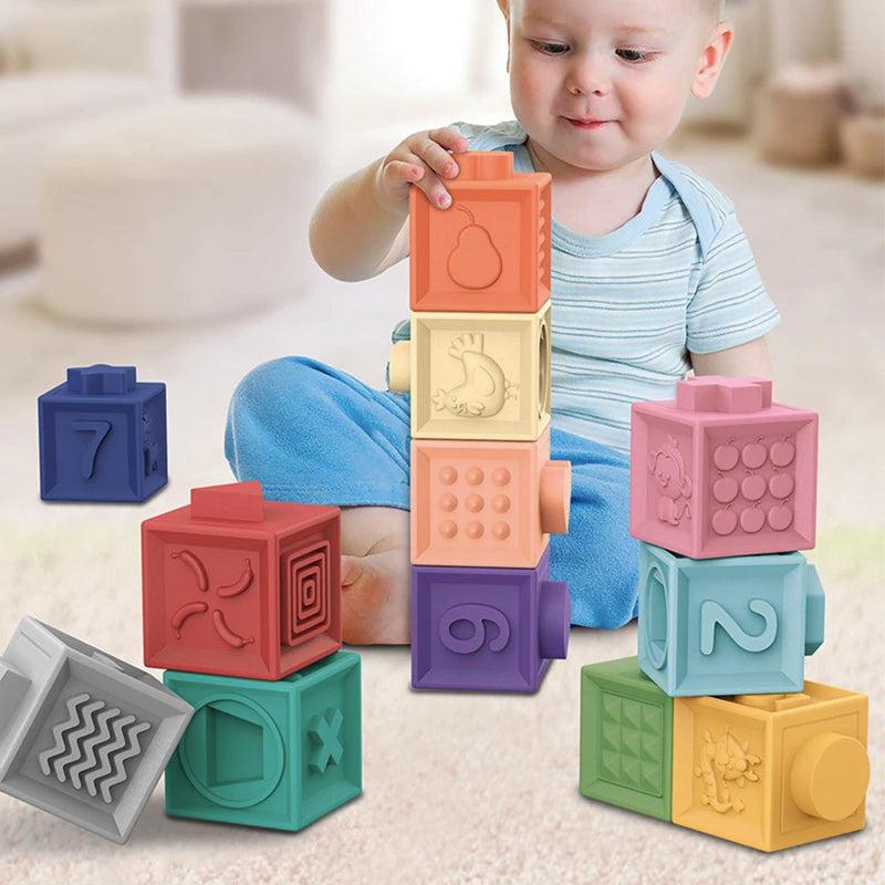 12/6/3Pcs Soft Building Blocks Montessori Toddlers Early Education Squeeze Stacker Cube Blocks Toy Children Baby Bath Toys