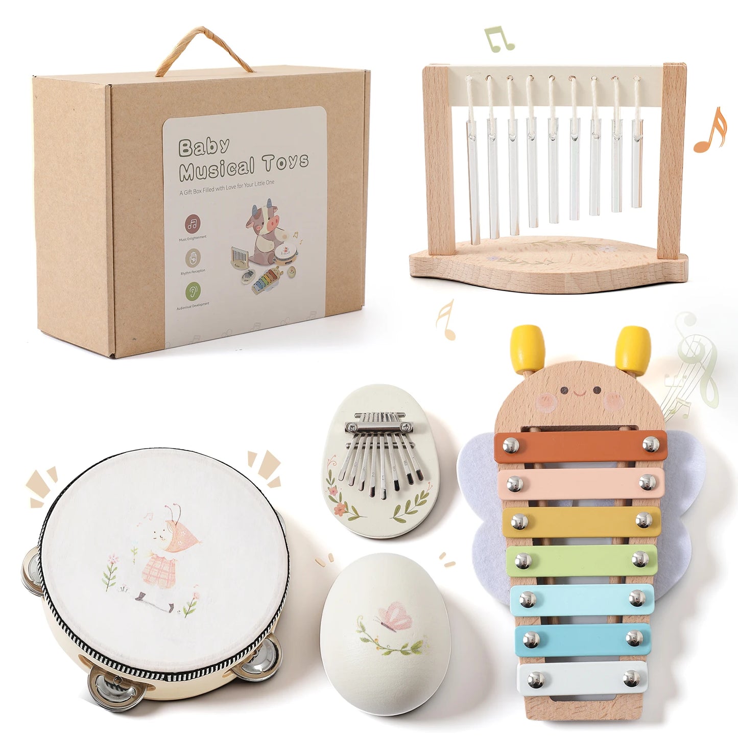 1Set Musical Instruments with Gift Box Baby Music Starter Toy Wooden Montessori Musical Toy Early 0-12 Months Baby Education Toy
