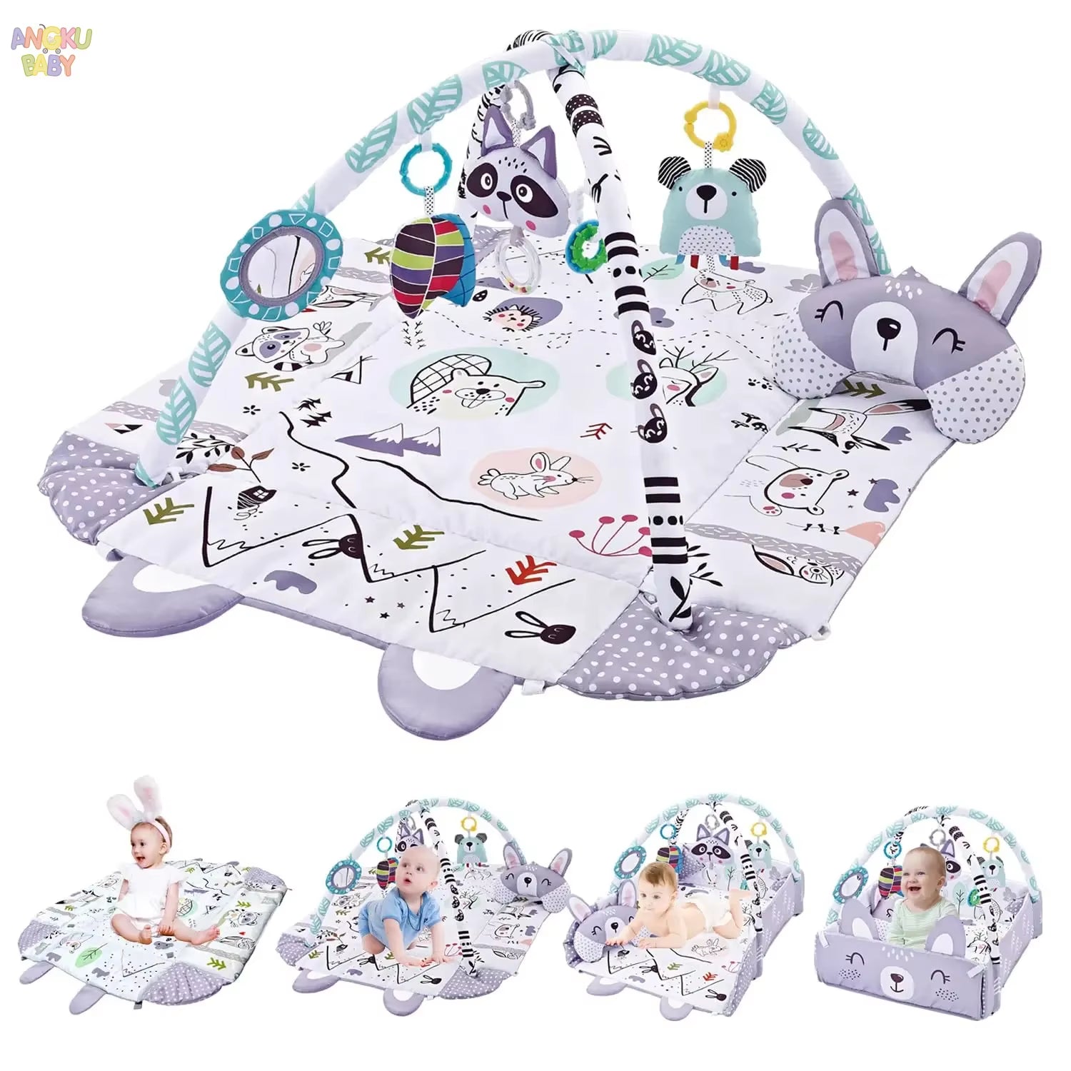 4 in 1 Baby Activity Gym Foldable Baby Playmats and Gyms with Mirror & Pillow Thick Educational Mat Fit Newborn to 36 Months