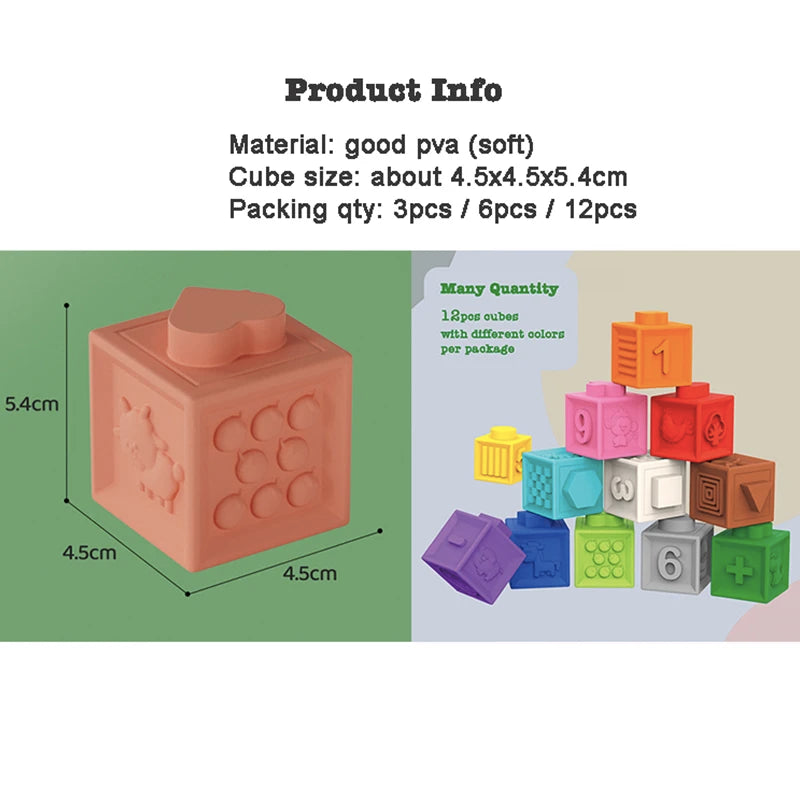 12/6/3Pcs Soft Building Blocks Montessori Toddlers Early Education Squeeze Stacker Cube Blocks Toy Children Baby Bath Toys