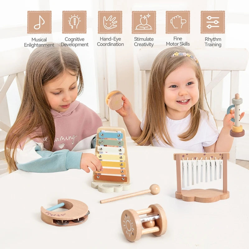 1Set Musical Instruments with Gift Box Baby Music Starter Toy Wooden Montessori Musical Toy Early 0-12 Months Baby Education Toy