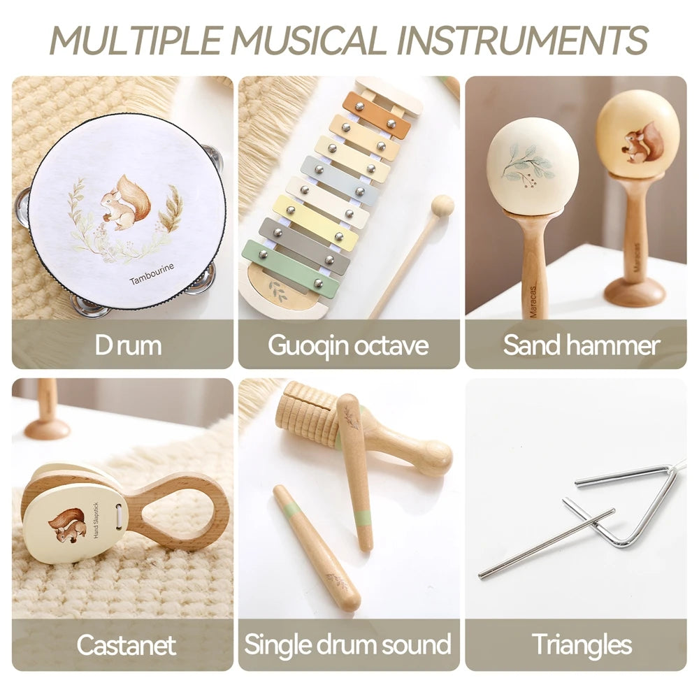 Music Toys Baby Wooden Montessori Toys Children Music Instrument Squirrel Maracas Drum Xylophone Early Education Sensor Toys Set