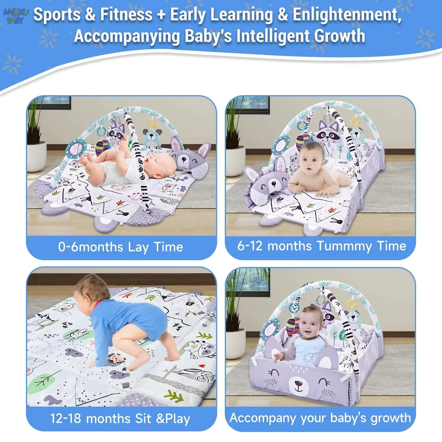 4 in 1 Baby Activity Gym Foldable Baby Playmats and Gyms with Mirror & Pillow Thick Educational Mat Fit Newborn to 36 Months