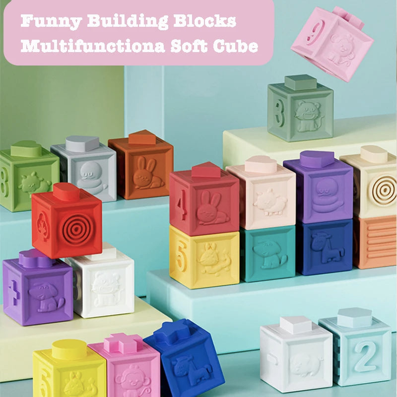 12/6/3Pcs Soft Building Blocks Montessori Toddlers Early Education Squeeze Stacker Cube Blocks Toy Children Baby Bath Toys