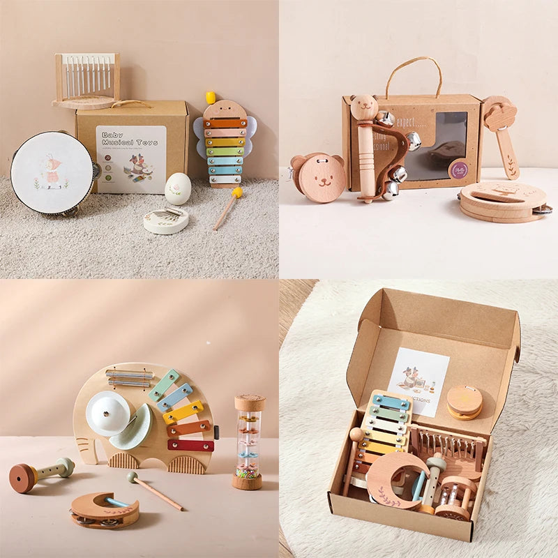 1Set Musical Instruments with Gift Box Baby Music Starter Toy Wooden Montessori Musical Toy Early 0-12 Months Baby Education Toy